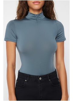 trendyol Light Anthracite Zipper High Neck Zipper Short Sleeve Flexible Snaps Knitted Body TWOAW21BD0009  - Image 5