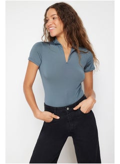 trendyol Light Anthracite Zipper High Neck Zipper Short Sleeve Flexible Snaps Knitted Body TWOAW21BD0009  - Image 1