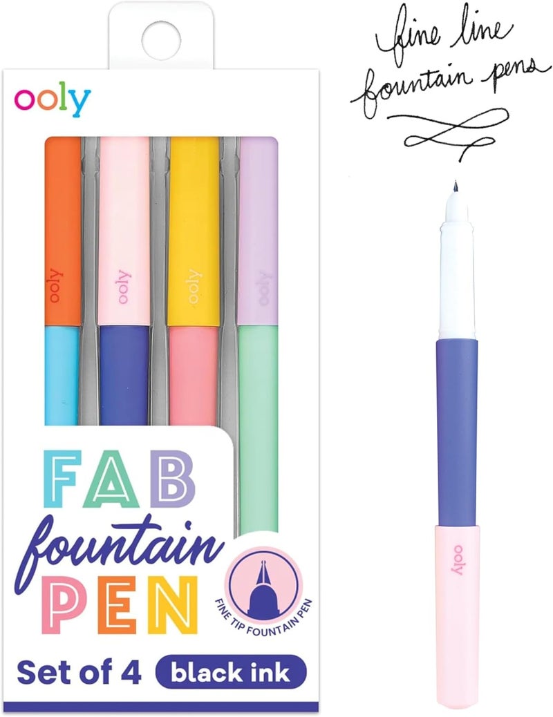 Ooly Fab Fountain Pen Pack of 4 Black Ink Pens, Includes 4 Black Fountain Pens that Use Refillable Ink Cartridges, Fine Fountain Tip Pens for Calligraphy Drawing, School Supplies - Image 1