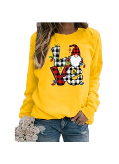 Generic Christmas Santa Claus Plaid Love Print round Neck Long Sleeve Sweatshirt Jacket Womens European Size Street Style Polyester Yellow 