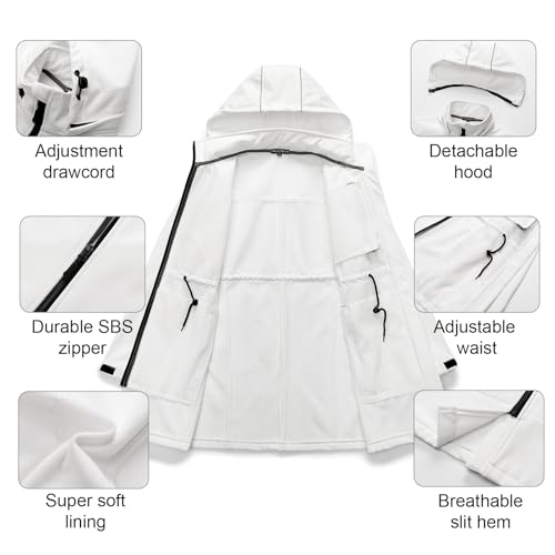CREATMO US Fall Coats Waterproof Long Jackets For Women Trench Coats Softshell Jackets Fleece Lined Windbreaker Hooded Windproof Warm Outerwear White 3XL - Image 5