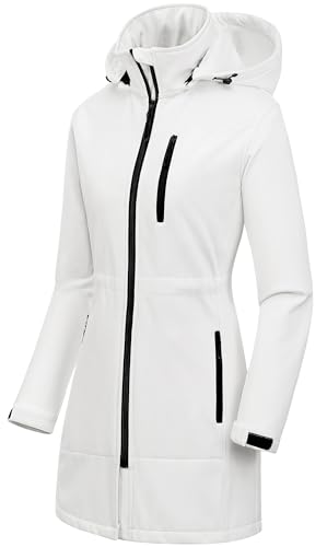 CREATMO US Fall Coats Waterproof Long Jackets For Women Trench Coats Softshell Jackets Fleece Lined Windbreaker Hooded Windproof Warm Outerwear White 3XL - Image 1