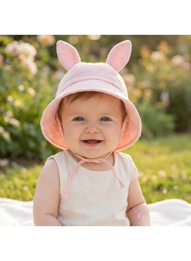 Baby Bucket Hat with Bunny Ears, Breathable Cotton Infant Sun Hat with Anti-UV Protection, Adjustable Chin Strap Fisherman Cap for Newborn Toddler Boys and Girls - Image 4
