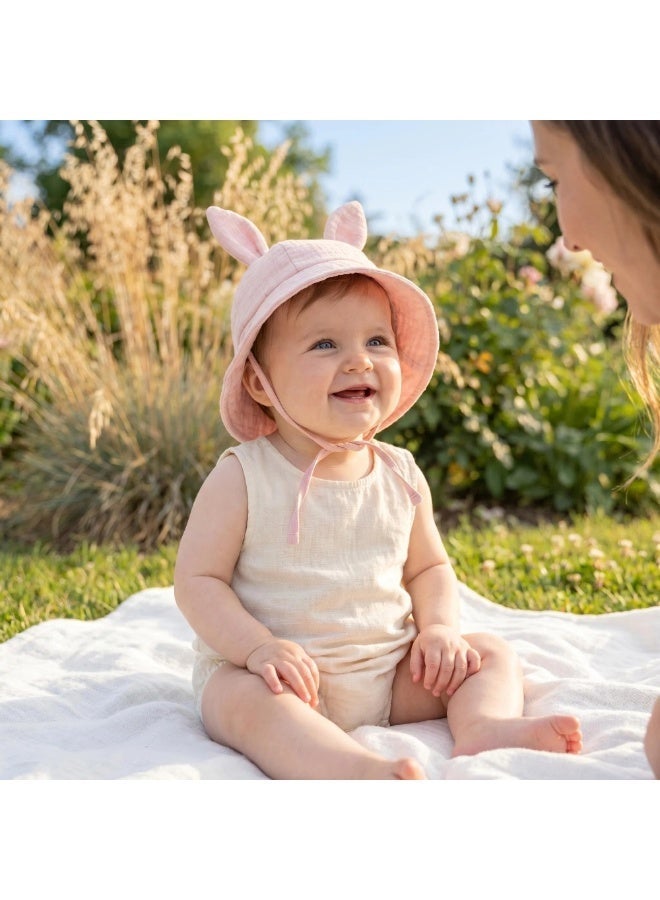 Baby Bucket Hat with Bunny Ears, Breathable Cotton Infant Sun Hat with Anti-UV Protection, Adjustable Chin Strap Fisherman Cap for Newborn Toddler Boys and Girls - Image 5