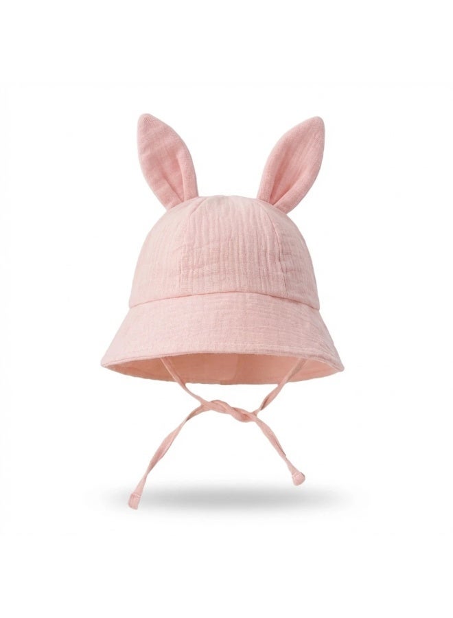 Baby Bucket Hat with Bunny Ears, Breathable Cotton Infant Sun Hat with Anti-UV Protection, Adjustable Chin Strap Fisherman Cap for Newborn Toddler Boys and Girls - Image 1