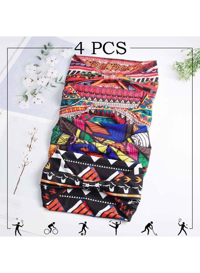 Aceorna African Headbands Boho Knotted Hairbands Stretch Wide Head Wraps Elastic Yoga Turban Hair Scarfs Workout Printed Hair Accessories for Women Pack of 4 (Style A) - Image 2