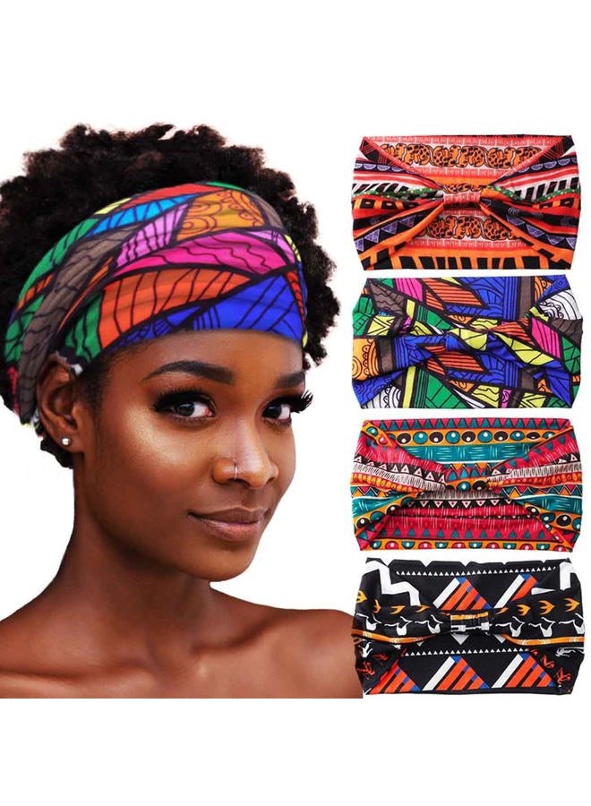 Aceorna African Headbands Boho Knotted Hairbands Stretch Wide Head Wraps Elastic Yoga Turban Hair Scarfs Workout Printed Hair Accessories for Women Pack of 4 (Style A) - Image 1