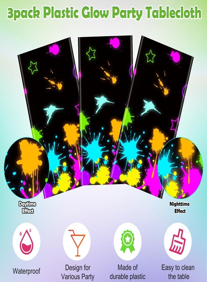 KEASKELL 3 Pcs Neon Glow Party Tablecloth Decorations, Disposable Plastic Neon Table Cloth Glow Party Table Covers for Glow-in-The-Dark Events Birthday Party Supplies, 54x108 Inches - Image 3