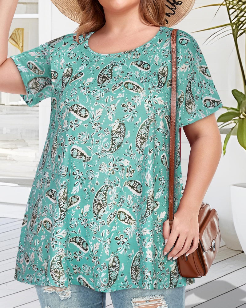 JOELLYUS Womens Plus Size Tops Summer Short Sleeves Tunic Top Casual Oversized Tshirts Flowy Blouses(Green Floral Print,3XL) - Image 2
