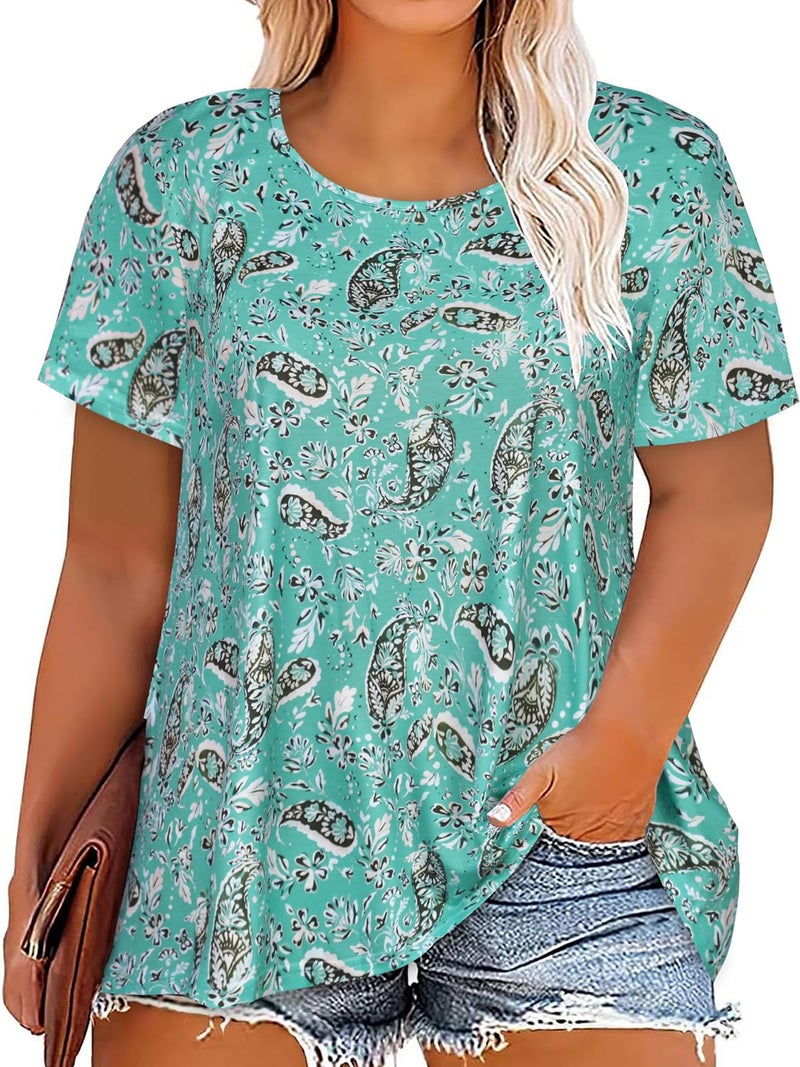 JOELLYUS Womens Plus Size Tops Summer Short Sleeves Tunic Top Casual Oversized Tshirts Flowy Blouses(Green Floral Print,3XL) - Image 1