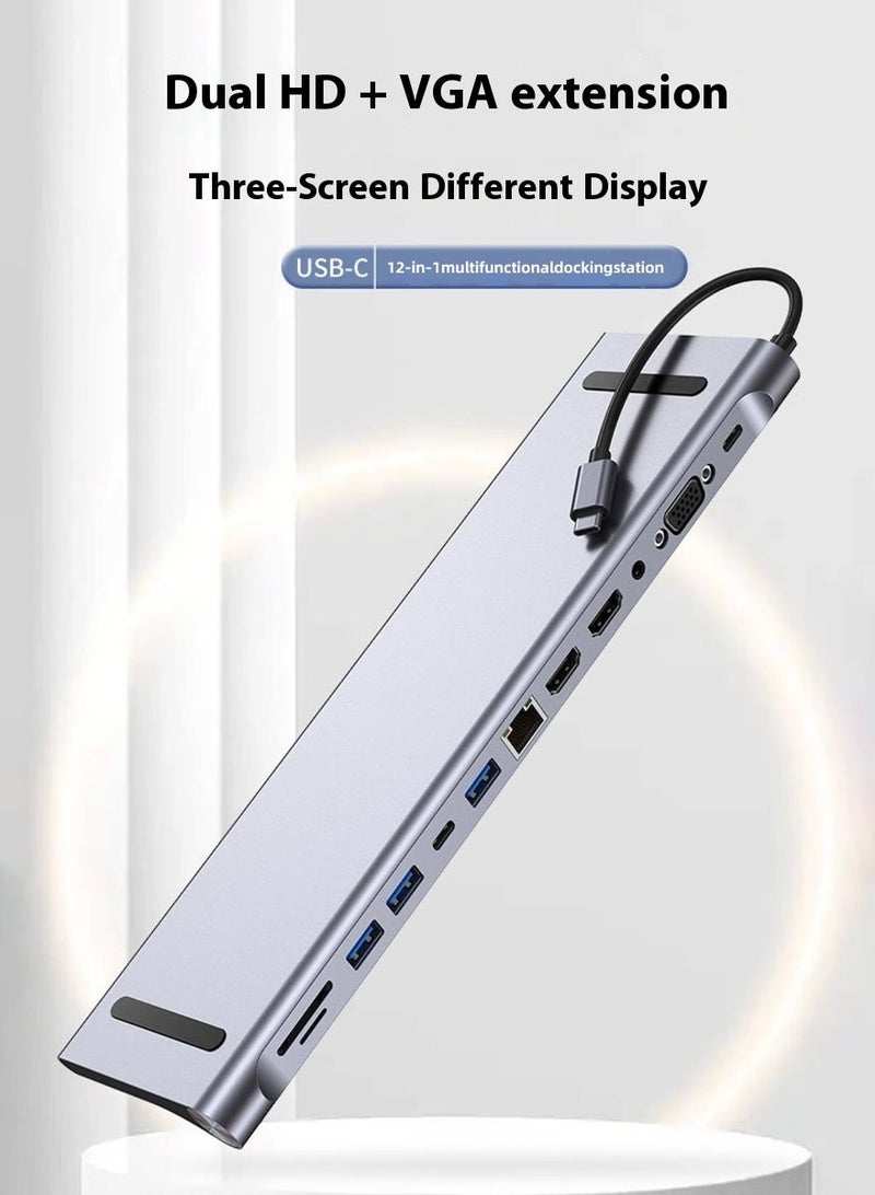 12-in-1 Multi-Function Docking Station | 4K/30Hz HDMI + 1080P VGA | USB 3.0/2.0 + USB-C | TF/SD Card Reader | PD 100W Fast Charging | Hidden Laptop Stand Design - Image 2