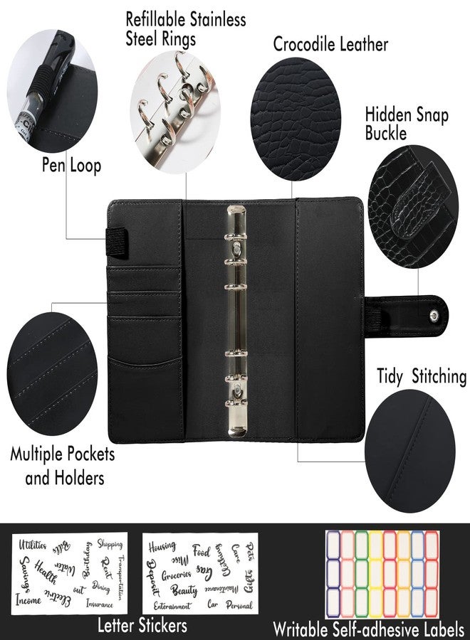 eleger Budget Binder with Zipper Envelopes - Crocodile Pattern Leather Money Organizer, Cash Saving Book Budgeting Planner, cash stuffing folder envelope system, A6 Bill Binders with Pockets, Black - Image 3