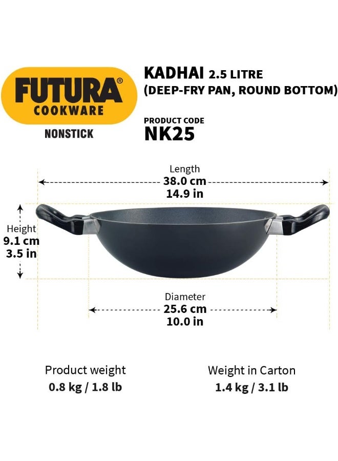 Hawkins Futura 2.5 Liter Hard Anodised Non Stick Deep Kadhai / Deep Fry Pan, Round Bottom, Wooden handles, 3.25 mm Thick Base(NK25), Black - Image 3