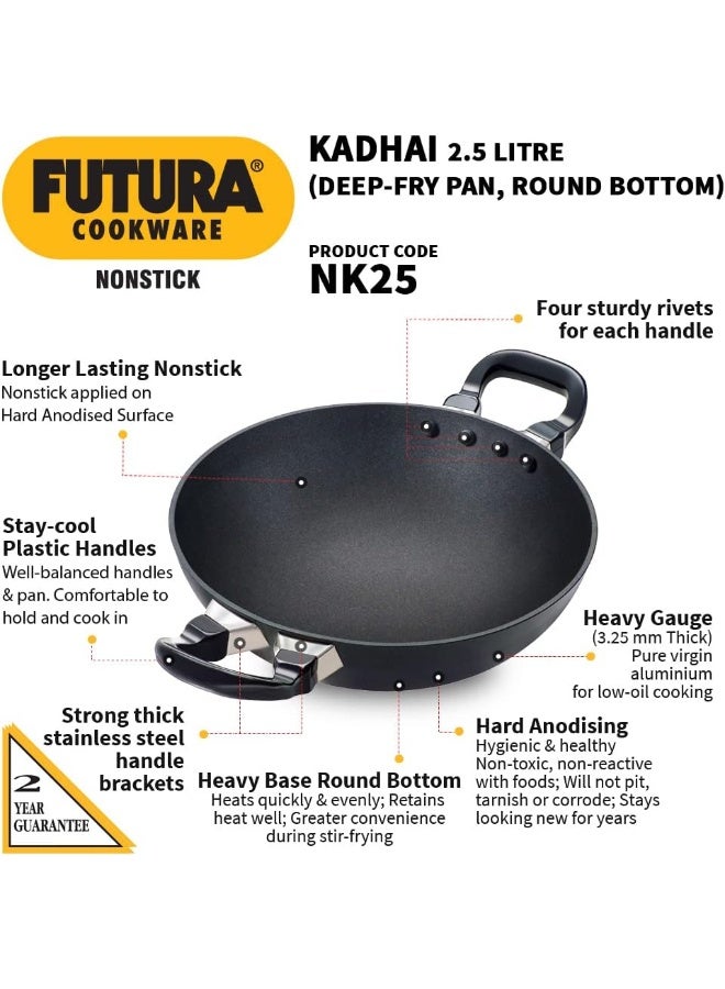 Hawkins Futura 2.5 Liter Hard Anodised Non Stick Deep Kadhai / Deep Fry Pan, Round Bottom, Wooden handles, 3.25 mm Thick Base(NK25), Black - Image 2