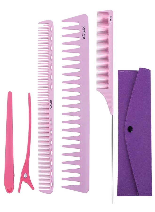 xnicx 6pcs Pink Professional Hair Combs Set - Carbon Fiber Barber Combs with Wide Tooth, Rat Tail for Parting, Teasing, and Styling Hair for Women and Men - Image 1