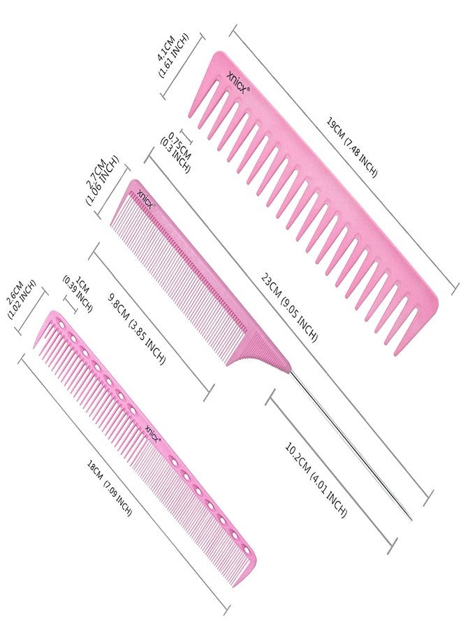 xnicx 6pcs Pink Professional Hair Combs Set - Carbon Fiber Barber Combs with Wide Tooth, Rat Tail for Parting, Teasing, and Styling Hair for Women and Men - Image 3