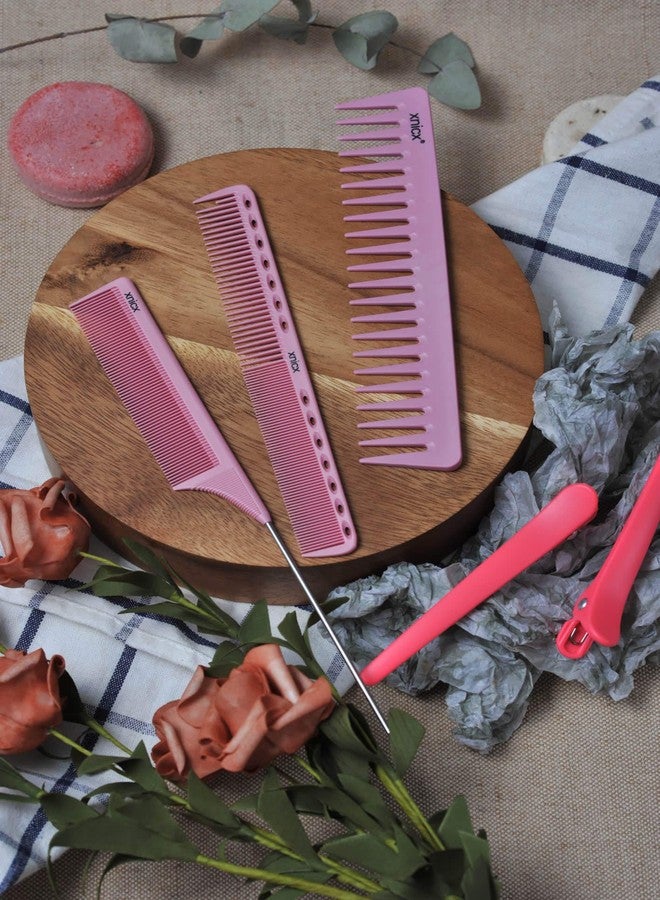 xnicx 6pcs Pink Professional Hair Combs Set - Carbon Fiber Barber Combs with Wide Tooth, Rat Tail for Parting, Teasing, and Styling Hair for Women and Men - Image 2