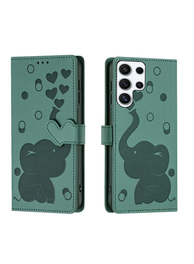 جراب جلدي منقوش عليه صورة فيل كرتوني لهاتف Samsung Galaxy S25 Ultra 5G (أخضر)