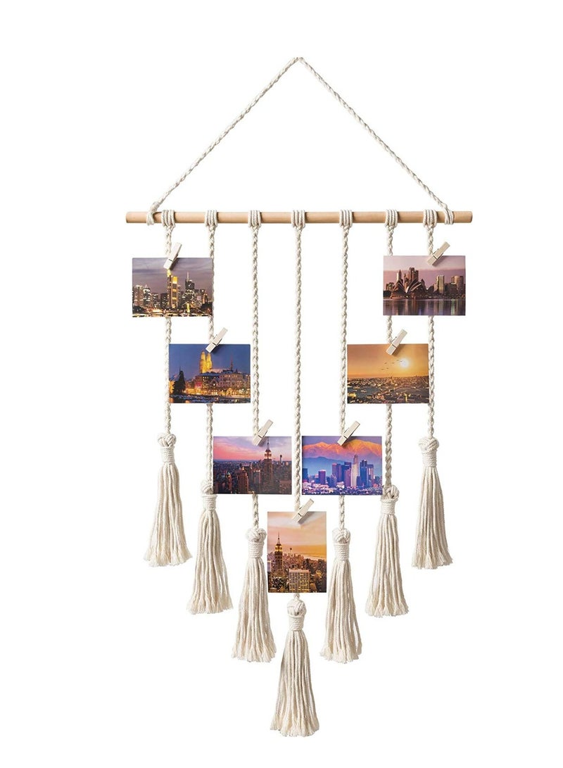 DELFINO Hanging Photo Display with Macrame Decorative Wall Hanging Pictures Organizer, Perfect for Home Decor Wooden Clips (White) Photo Hanging Display for Wall Decor - Image 1