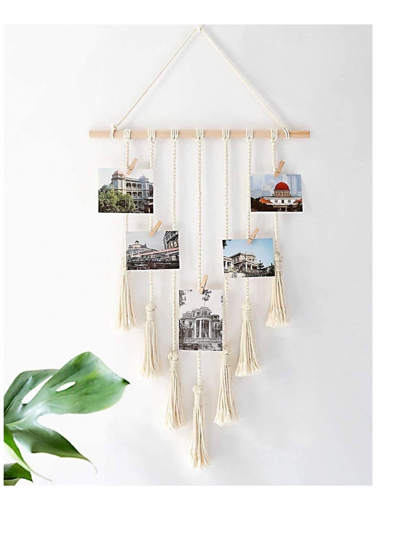 DELFINO Hanging Photo Display with Macrame Decorative Wall Hanging Pictures Organizer, Perfect for Home Decor Wooden Clips (White) Photo Hanging Display for Wall Decor - Image 2
