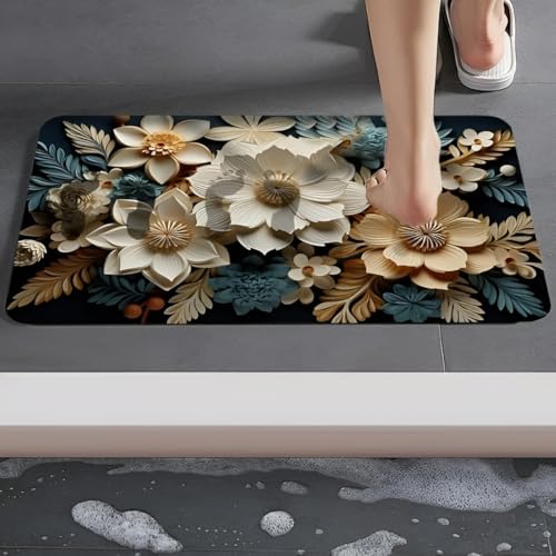 Roslen Rubber Bathroom Door Mat, 3D Floral Anti-Skid Floor Mat for Home, Quick Dry Rubber Backed Anti-Slip Floor Mat, Water Absorbent Bathroom Door Mat for Bedroom, Balcony, Kitchen & Living Room - Image 5