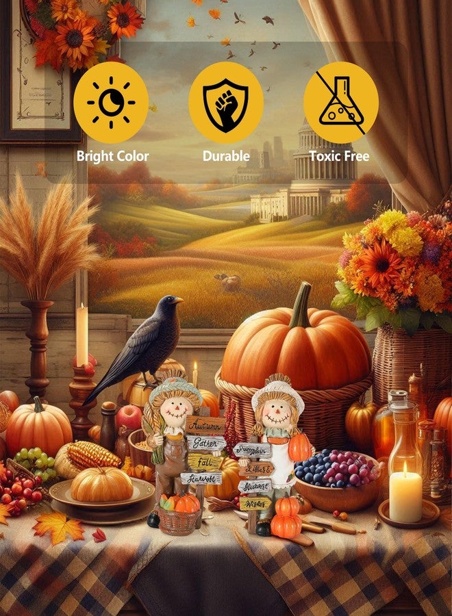 مجموعة من قطعتين من تماثيل فزاعة عيد الشكر من GoGnome مع لوحات خريفية ملهمة - راتنج متين 5.5 بوصة لتزيين طاولة عيد الشكر - زينة خريفية داخلية وخارجية هدايا حصاد (فزاعات) - Image 4
