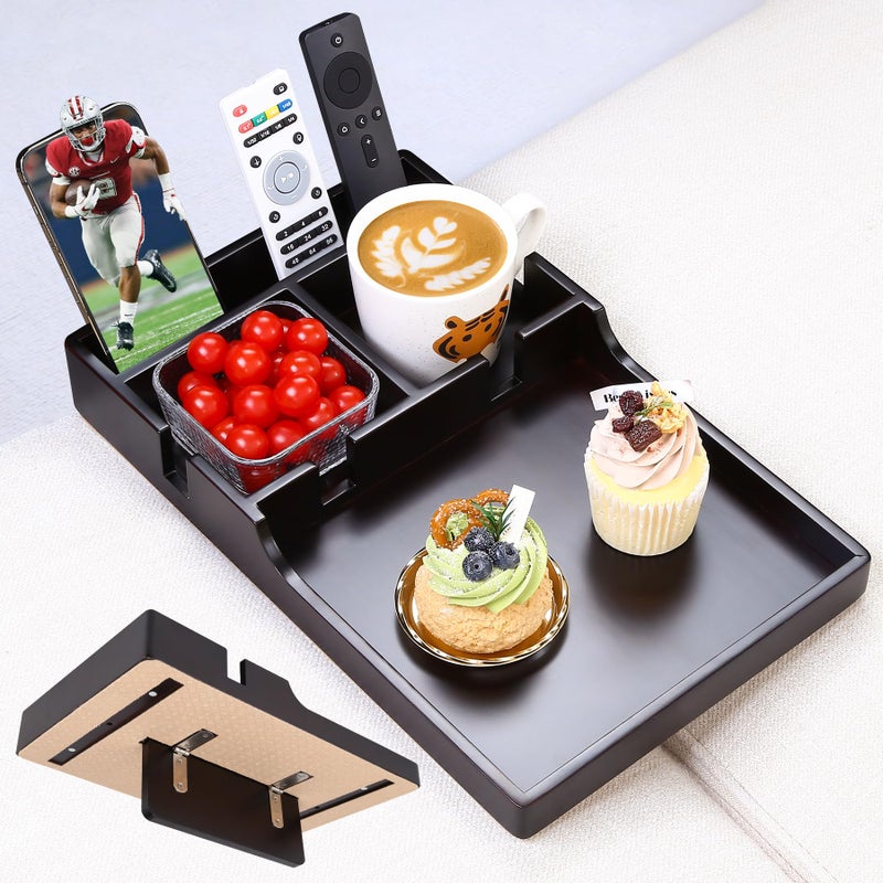 Acanacle Sofa Tray Insert for Middle Seat,Bamboo Couch Table with 2 Cup Holders,Fits Armless Sofa & Sectionals,Fold-Flat Tray for Drinks,Snacks & Remotes,Black Walnut - Image 1