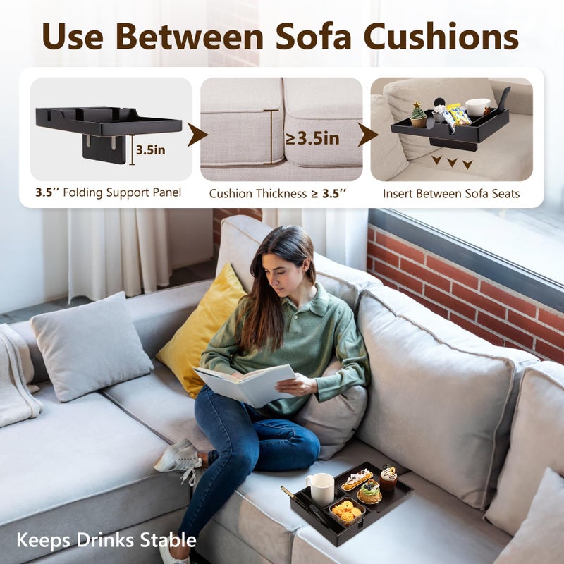 Acanacle Sofa Tray Insert for Middle Seat,Bamboo Couch Table with 2 Cup Holders,Fits Armless Sofa & Sectionals,Fold-Flat Tray for Drinks,Snacks & Remotes,Black Walnut - Image 3