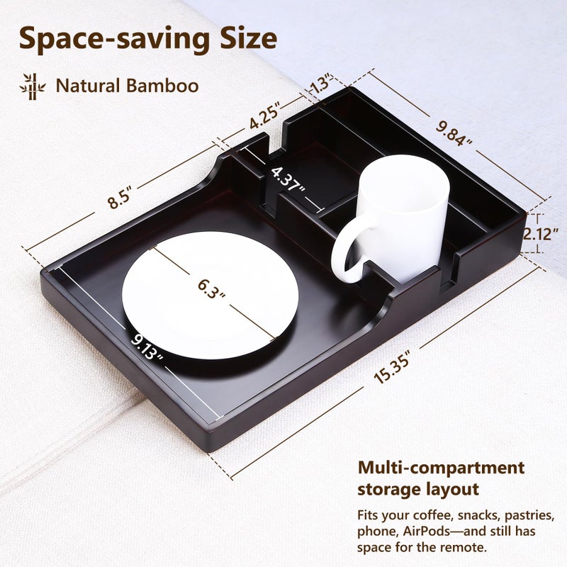 Acanacle Sofa Tray Insert for Middle Seat,Bamboo Couch Table with 2 Cup Holders,Fits Armless Sofa & Sectionals,Fold-Flat Tray for Drinks,Snacks & Remotes,Black Walnut - Image 2