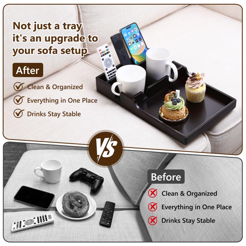 Acanacle Sofa Tray Insert for Middle Seat,Bamboo Couch Table with 2 Cup Holders,Fits Armless Sofa & Sectionals,Fold-Flat Tray for Drinks,Snacks & Remotes,Black Walnut - Image 5