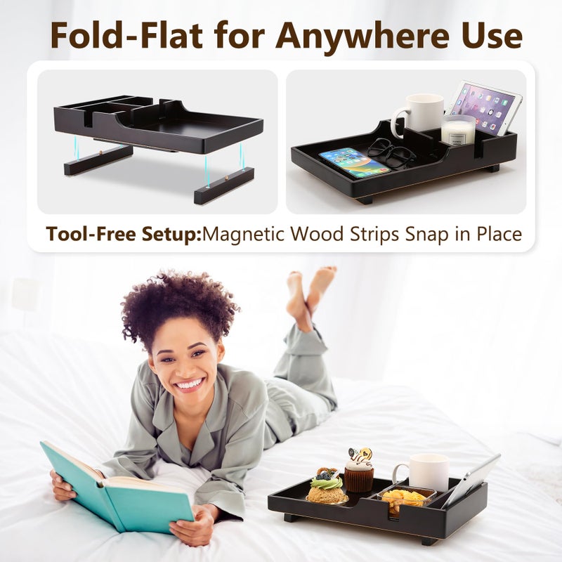 Acanacle Sofa Tray Insert for Middle Seat,Bamboo Couch Table with 2 Cup Holders,Fits Armless Sofa & Sectionals,Fold-Flat Tray for Drinks,Snacks & Remotes,Black Walnut - Image 4