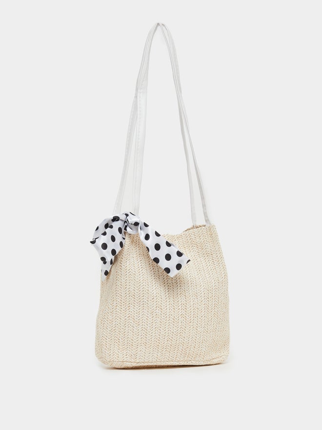 Styli Weave Design Straw Shoulder Bag with Polka Dot Print Ribbon Detail - Image 1