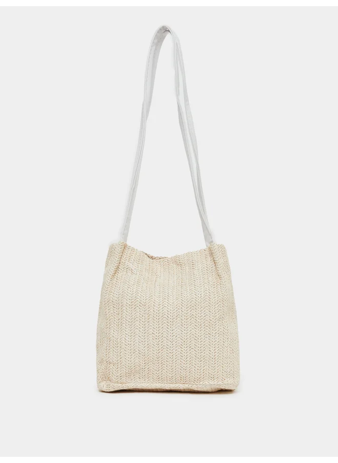 ستايلي Styli Weave Design Straw Shoulder Bag with Polka Dot Print Ribbon Detail