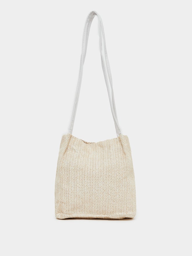 Styli Weave Design Straw Shoulder Bag with Polka Dot Print Ribbon Detail - Image 2