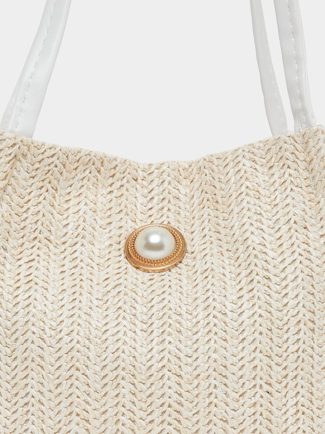 Styli Weave Design Straw Shoulder Bag with Polka Dot Print Ribbon Detail - Image 3