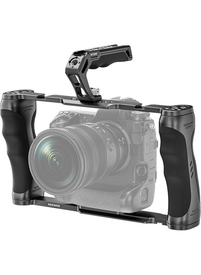 NEEWER Universal Camera Cage & Top Handle with 3/8" ARRI Locating Pins Kit, Video Rig Camera Stabilizer with Arca Type Base, Dual Handgrips, Compatible with SmallRig Accessories, CA016T - Image 1