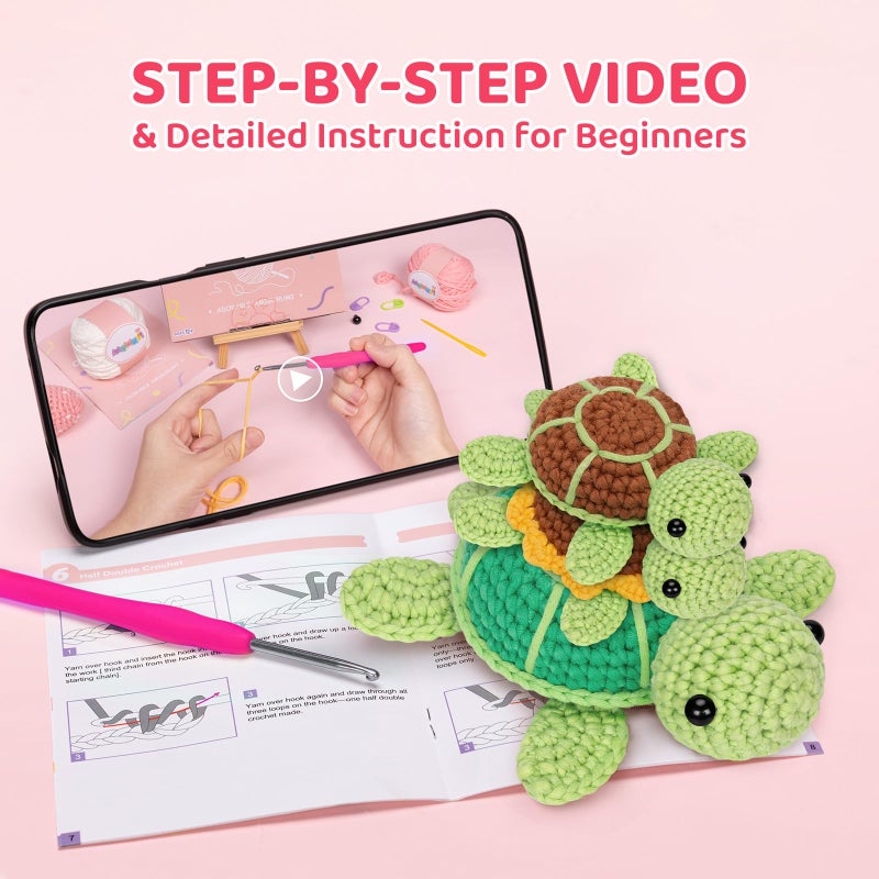 Mewaii مجموعة Mewaii Crochet للمبتدئين، مجموعة أدوات كروشيه كاملة DIY للحيوانات مع 40٪ + خيوط شريطية بدأت مسبقًا، دروس فيديو خطوة بخطوة للبالغين والأطفال (ثلاث سلاحف) - Image 3