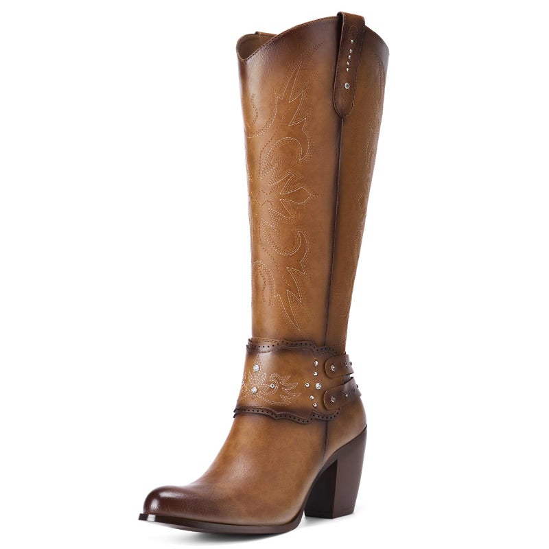 Rollda Cowboy Boots for Women, Cowgirl Boots Knee High, Ladies Tall Western Boots Rounded Toe Chunky Heel Pull on Zipper for Country Concert Party Women Boots Camel Size 8 - Image 1