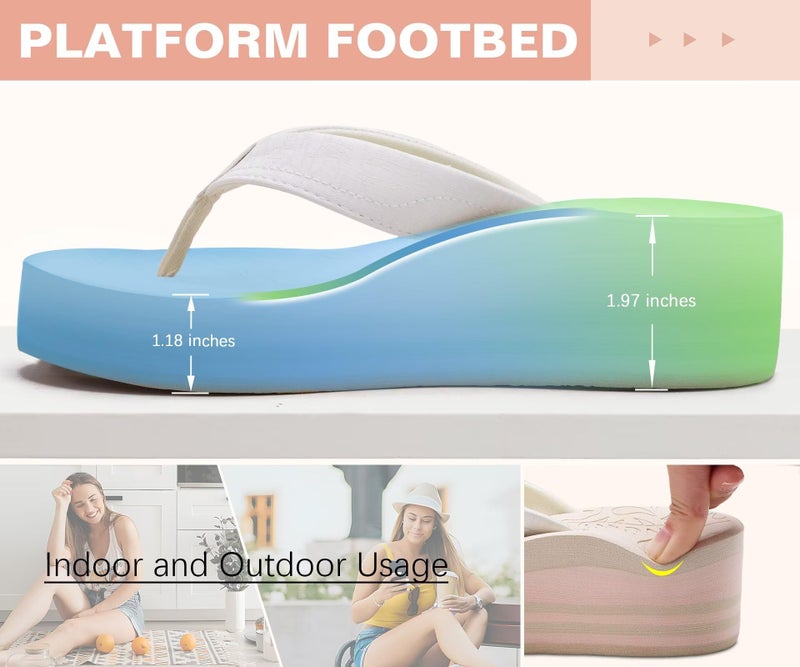 ONCAI Women's Platform Wedge Flip Flops Sandals Size 7 Trendy Dressy Summer Beach Vacation Pool Off-White Thong Chunky Sandalias Comfy Cute Thick Waterproof Arch Support Rubber Foam Soles - Image 5