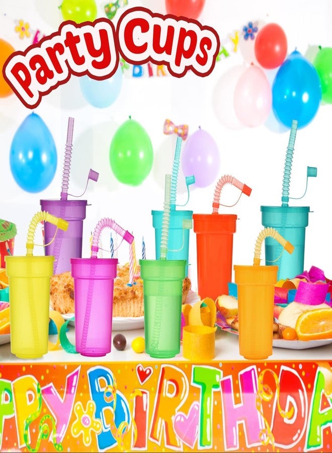 Haundry 24 Pack Kids Party Cups with Lid and Straws, Colorful Plastic Sipper Party Favor Cups for School Events, Theme Party and Birthday Celebrations Party Supplies, Neon Colors - Image 3