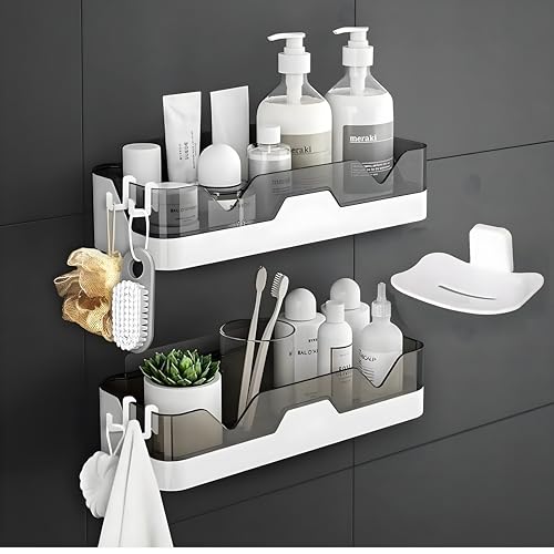 Satpurush Plastic Bathroom Accessories, Bathroom Rack, Bathroom Shelf Organizer, Wall Mounted Shelf, Bathroom Hardware & Accessories, Storage Racks (3 Pack, Bath Shelf with Soap Dish & 4 Hook) White - Image 1