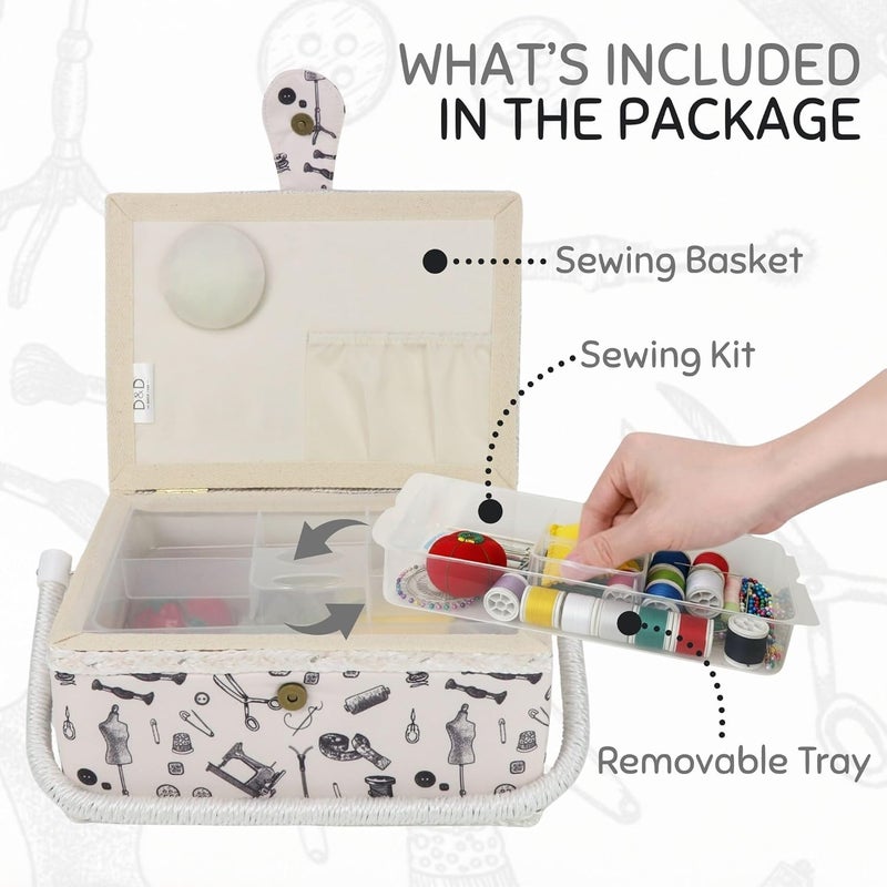 COMFECTO Large Sewing Box for Sewing Supplies, Sewing Basket with Complete Hand Sewing Kit Tools, Wooden Sewing Storage Organizer with Removable Tray, Black White - Image 3