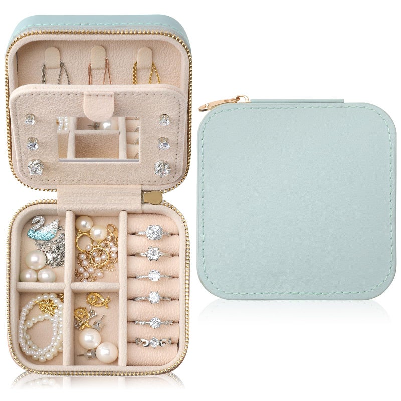 NGVRC Genuine Leather Travel Jewelry Case Organizer with Mirror for Women Small Jewelry Box Portable Mini Jewelry Case for Earring Ring Necklace BraceletCyan - Image 2