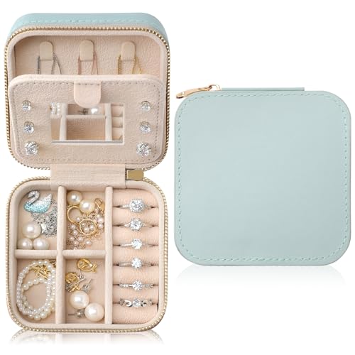 NGVRC Genuine Leather Travel Jewelry Case Organizer with Mirror for Women Small Jewelry Box Portable Mini Jewelry Case for Earring Ring Necklace BraceletCyan - Image 1