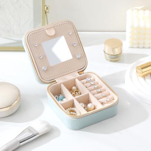 NGVRC Genuine Leather Travel Jewelry Case Organizer with Mirror for Women Small Jewelry Box Portable Mini Jewelry Case for Earring Ring Necklace BraceletCyan - Image 3