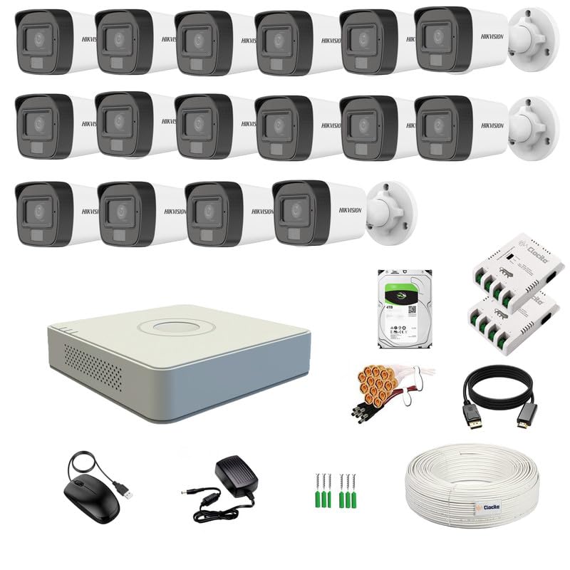 Clocite HIKVISION Full HD 16 CH DVR, 2 MP 16 Bullet Cameras [Color Night Vision + Built-in Audio MIC + Smart Dual Light + Motion Detection] + 4 TB HDD 8 CH SMPS 2 Nos + CCTV Cable + BNC & DC - Image 1