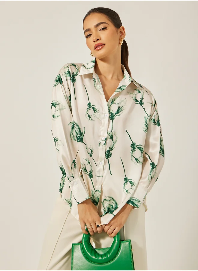 ستايلي Oversized Floral Printed Collared Shirt
