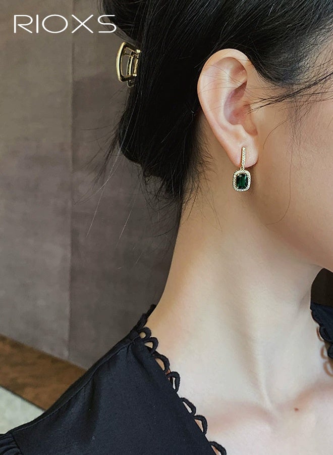 RIOXS Halo Square Green Emerald Dangle Hoop Earrings, Gold Plated Earrings Jewelry for Women - Image 2