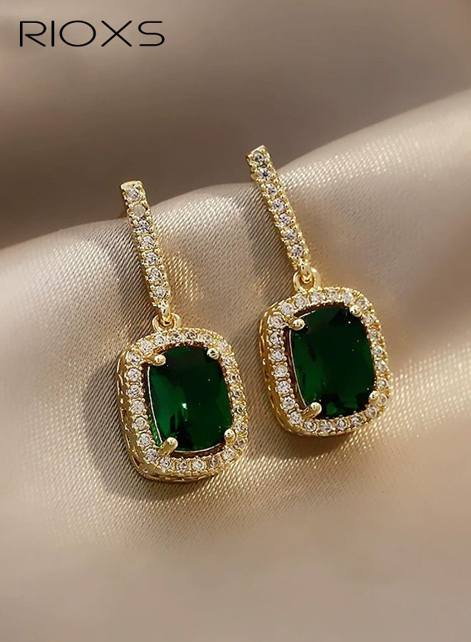 RIOXS Halo Square Green Emerald Dangle Hoop Earrings, Gold Plated Earrings Jewelry for Women - Image 1