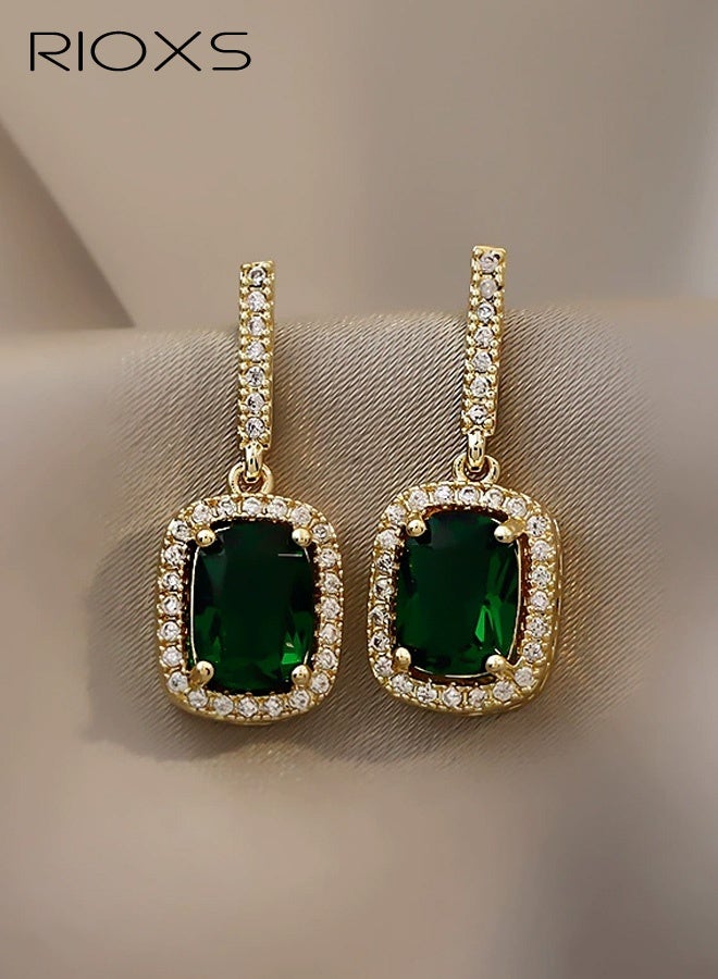 RIOXS Halo Square Green Emerald Dangle Hoop Earrings, Gold Plated Earrings Jewelry for Women - Image 3